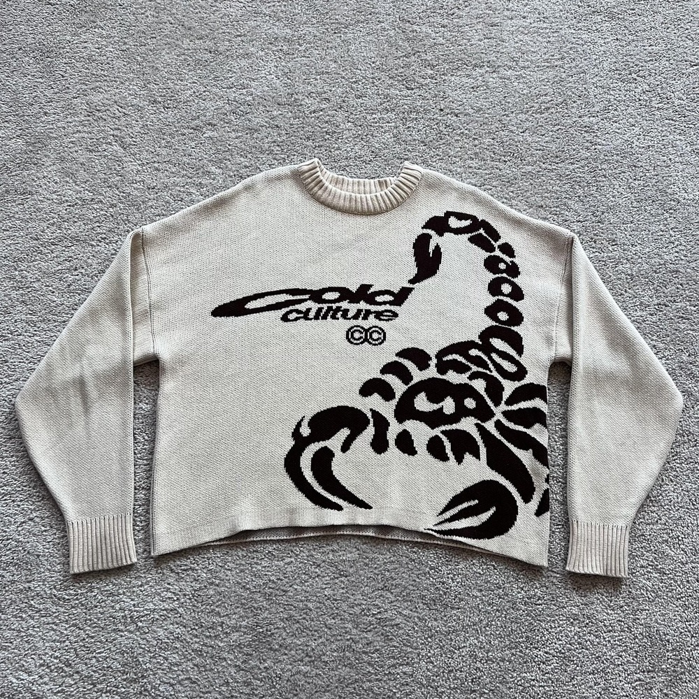 Cold Culture Poison Knit Scorpion Sweater Mens XS Beige Cotton Knit